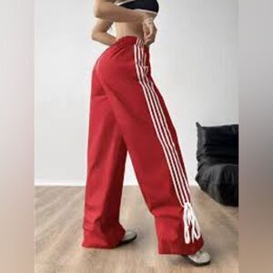 Cali1850 Muted Red Nylon Track Pants with White Stripe Ankle Ties Y2K NWOT